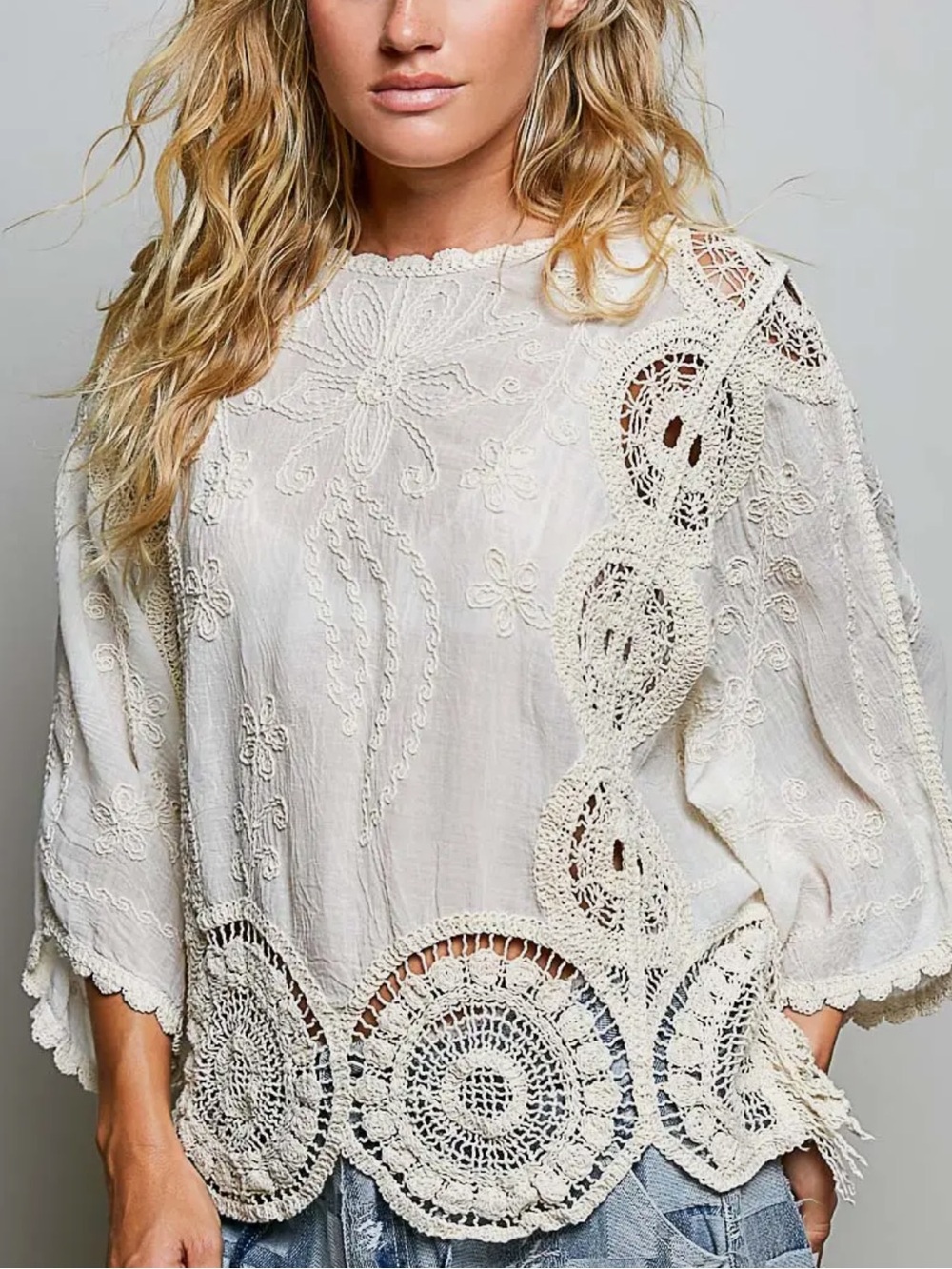 POL Cream Crochet & Embroidered Boho Blouse